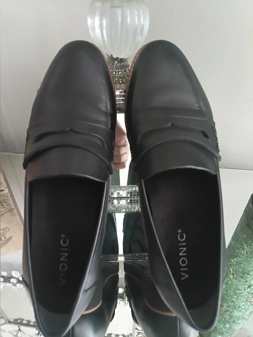 Vionic Black Leather Penny Loafers with Brown Trim